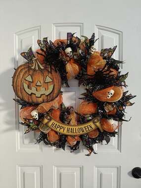 Handmade Halloween Wreath Black Orange Deco Mesh Front Door 22”